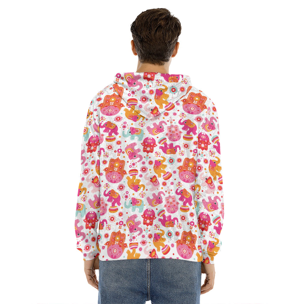 Girly Elephant And Hamsa Pattern Print Men's Velvet Pullover Hoodie
