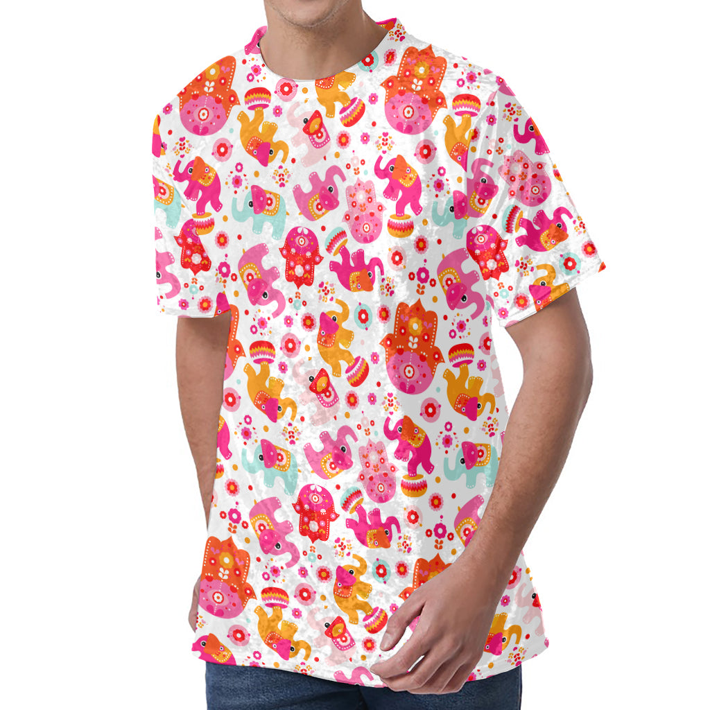 Girly Elephant And Hamsa Pattern Print Men's Velvet T-Shirt