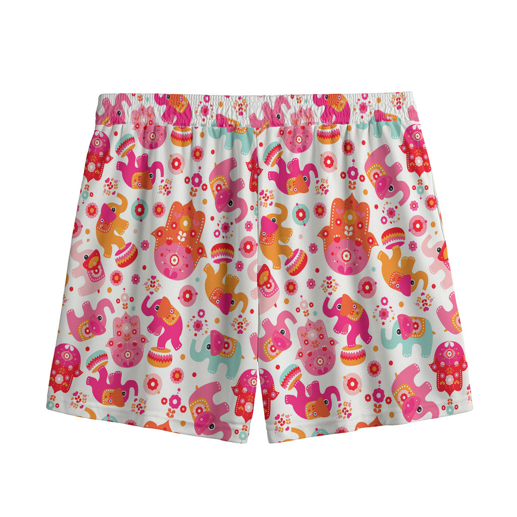 Girly Elephant And Hamsa Pattern Print Mesh Shorts