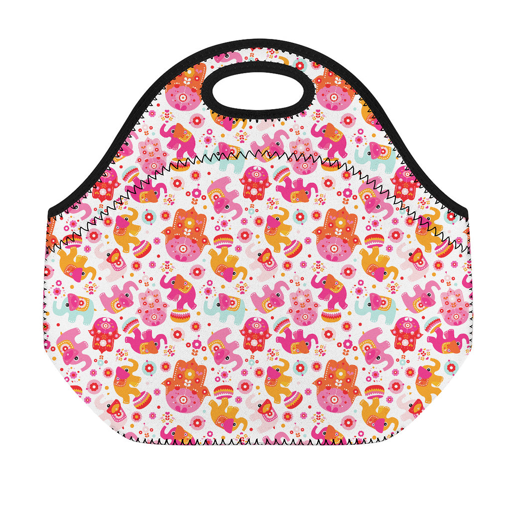 Girly Elephant And Hamsa Pattern Print Neoprene Lunch Bag