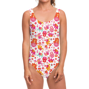 Girly Elephant And Hamsa Pattern Print One Piece Swimsuit