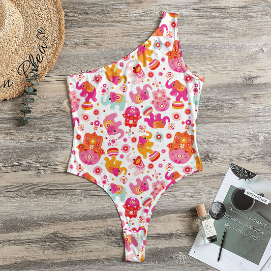 Girly Elephant And Hamsa Pattern Print One Shoulder Bodysuit