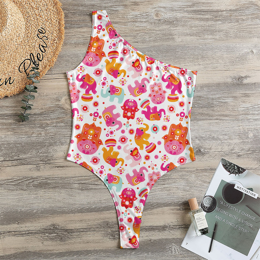 Girly Elephant And Hamsa Pattern Print One Shoulder Bodysuit
