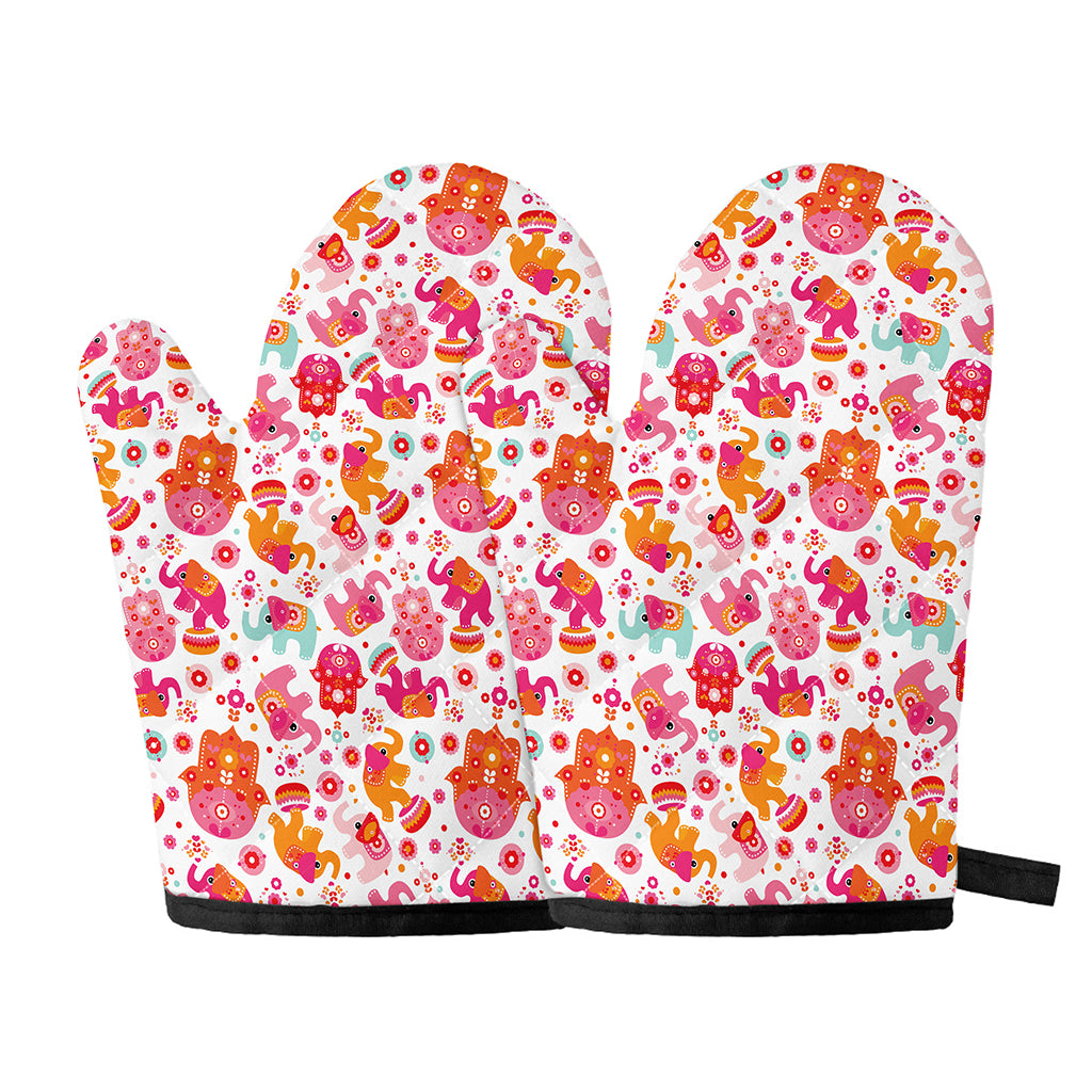 Girly Elephant And Hamsa Pattern Print Oven Mitts