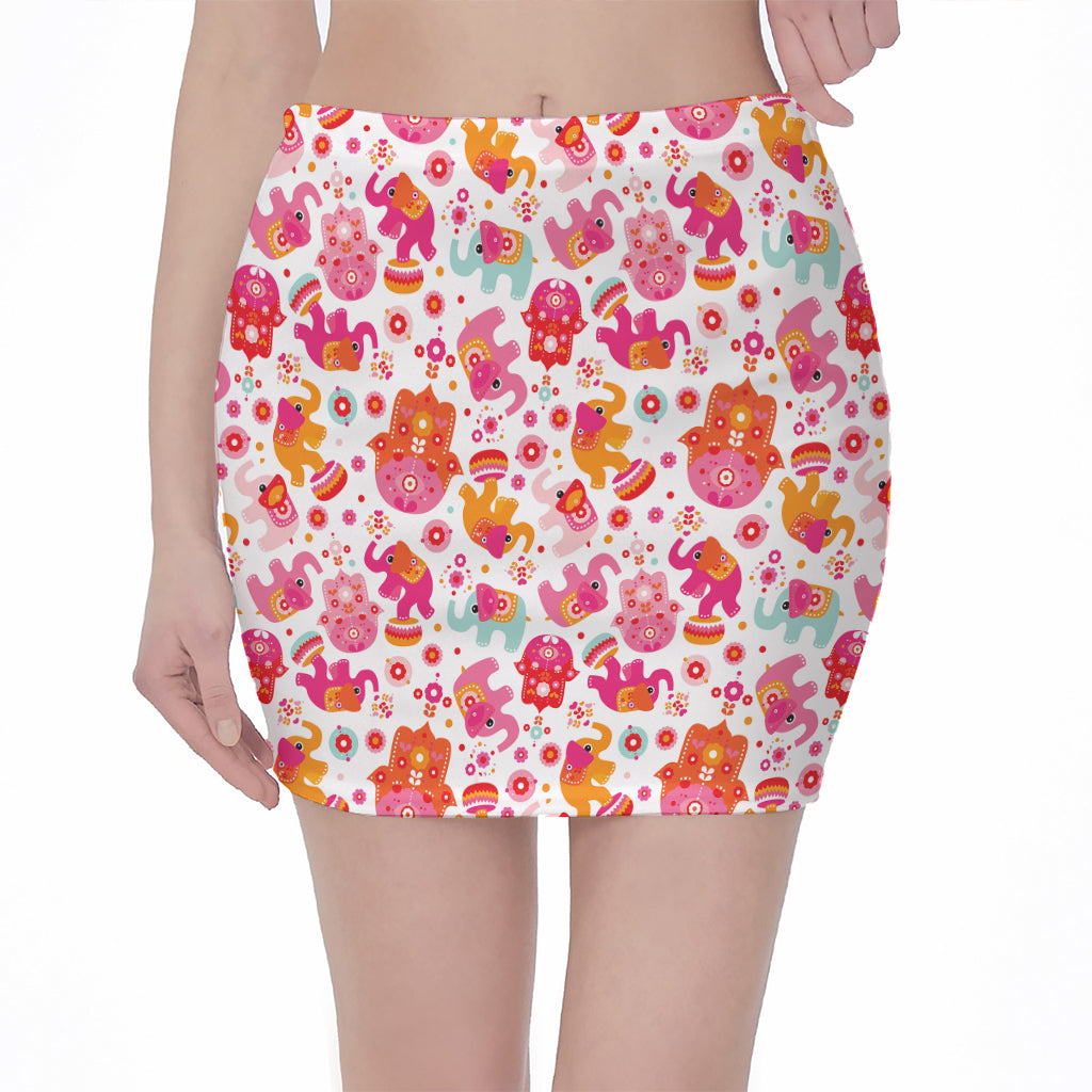 Girly Elephant And Hamsa Pattern Print Pencil Mini Skirt