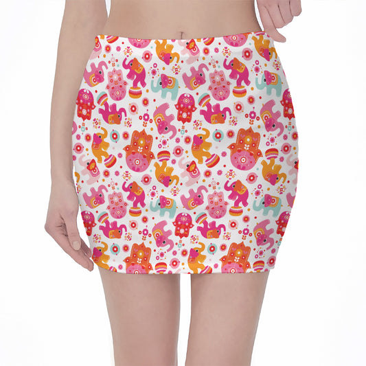 Girly Elephant And Hamsa Pattern Print Pencil Mini Skirt