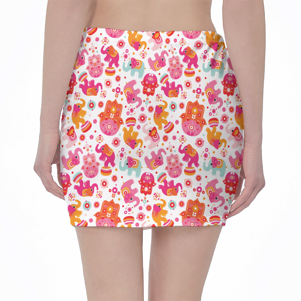 Girly Elephant And Hamsa Pattern Print Pencil Mini Skirt