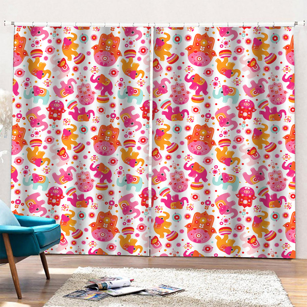 Girly Elephant And Hamsa Pattern Print Pencil Pleat Curtains