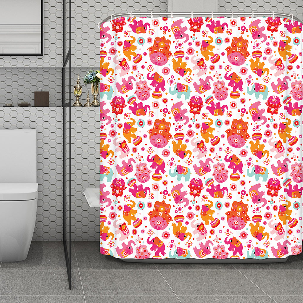 Girly Elephant And Hamsa Pattern Print Polyester Shower Curtain