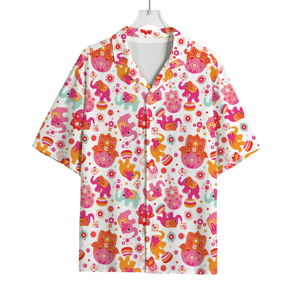 Girly Elephant And Hamsa Pattern Print Rayon Hawaiian Shirt