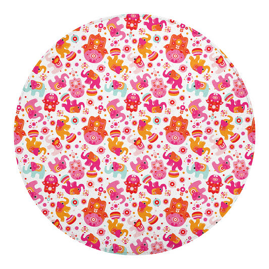 Girly Elephant And Hamsa Pattern Print Round Blanket