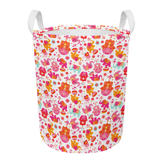 Girly Elephant And Hamsa Pattern Print Round Laundry Basket