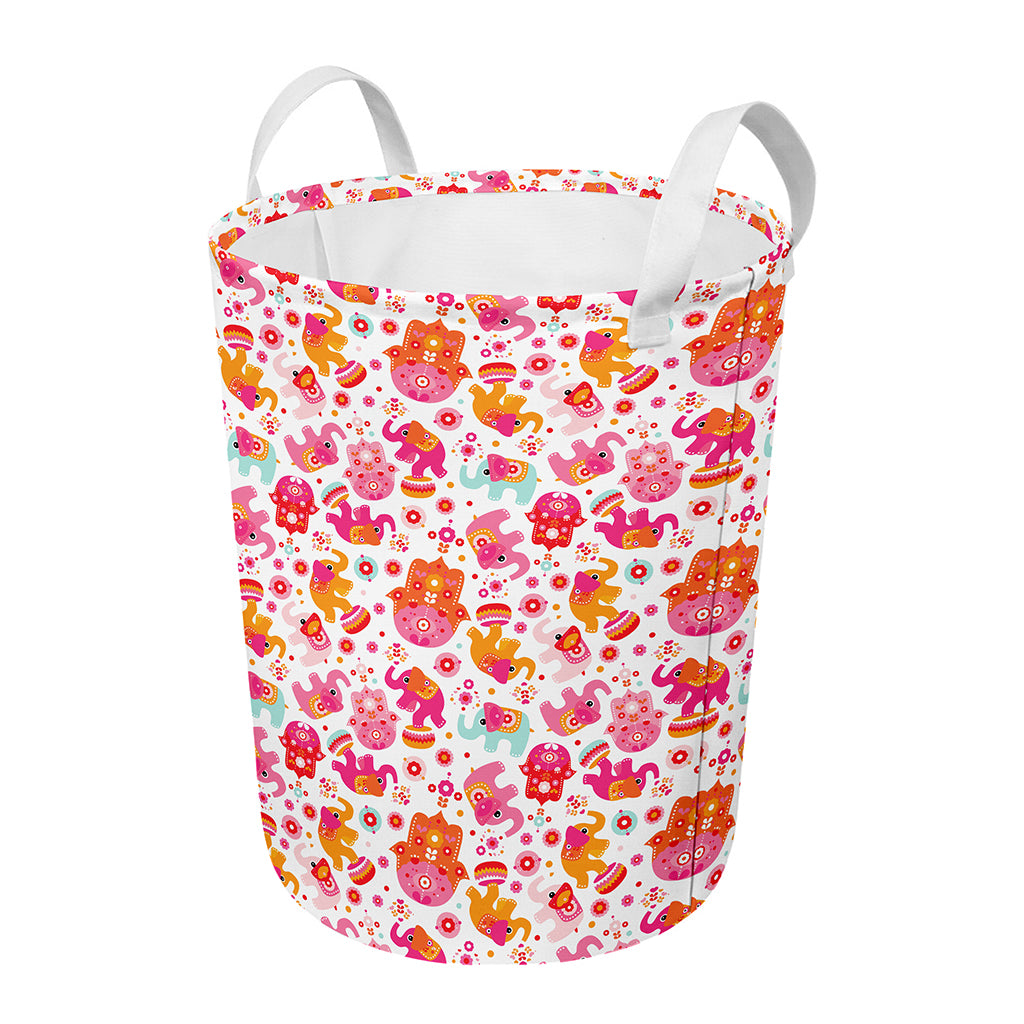 Girly Elephant And Hamsa Pattern Print Round Laundry Basket