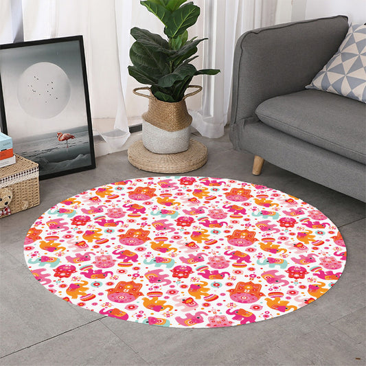 Girly Elephant And Hamsa Pattern Print Round Rug
