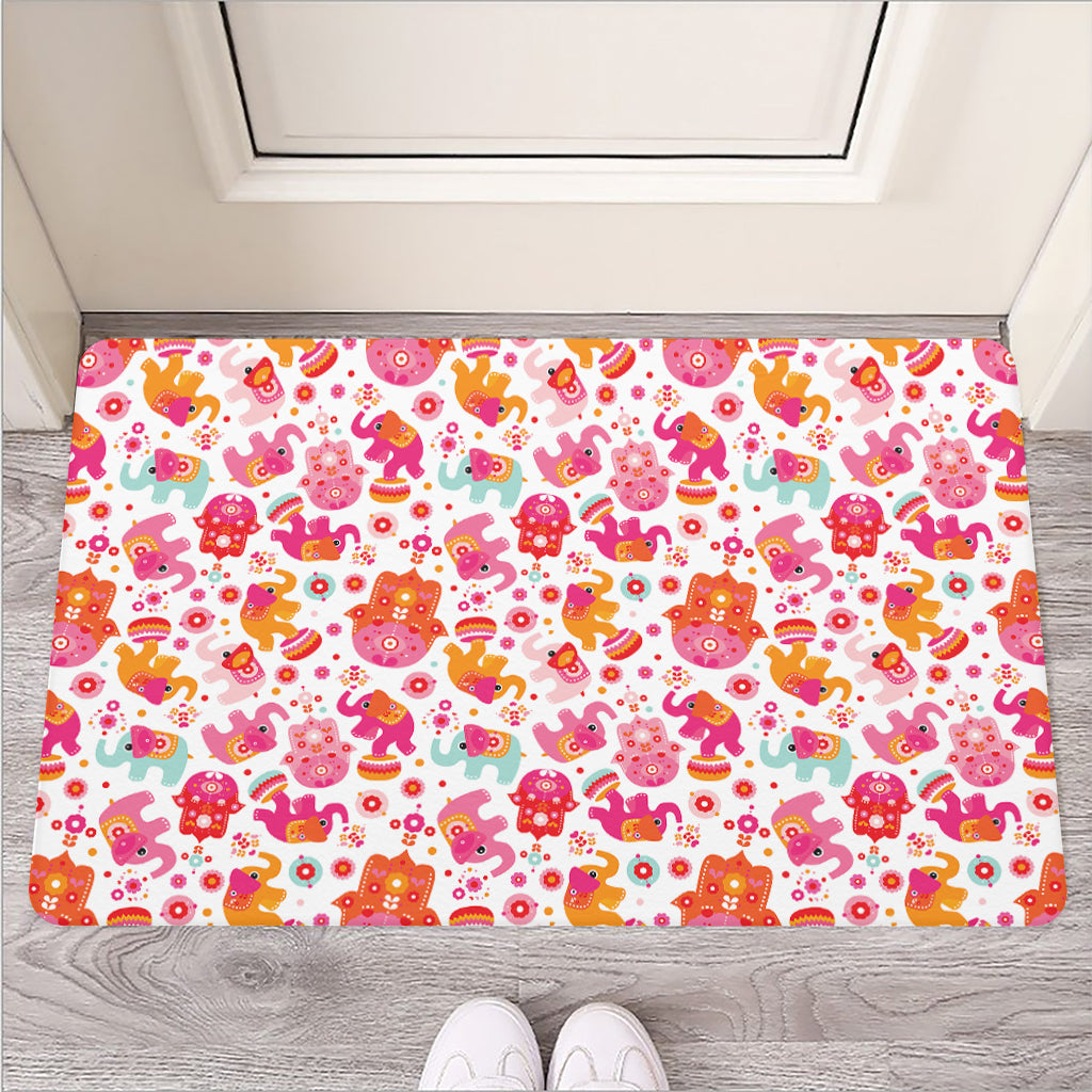 Girly Elephant And Hamsa Pattern Print Rubber Doormat