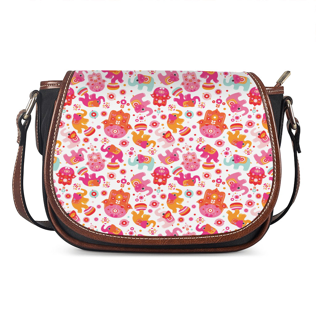 Girly Elephant And Hamsa Pattern Print Saddle Bag