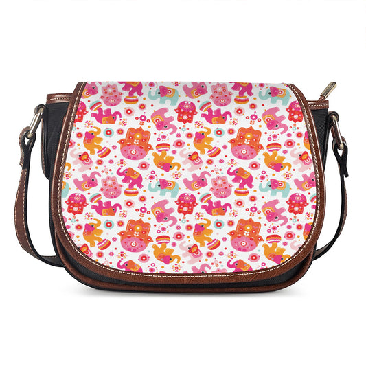 Girly Elephant And Hamsa Pattern Print Saddle Bag