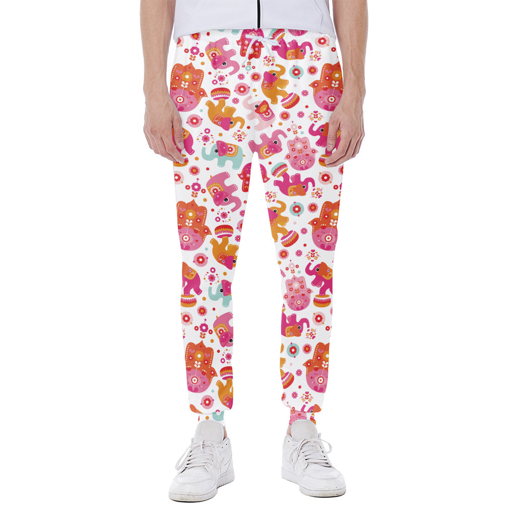 Girly Elephant And Hamsa Pattern Print Scuba Joggers