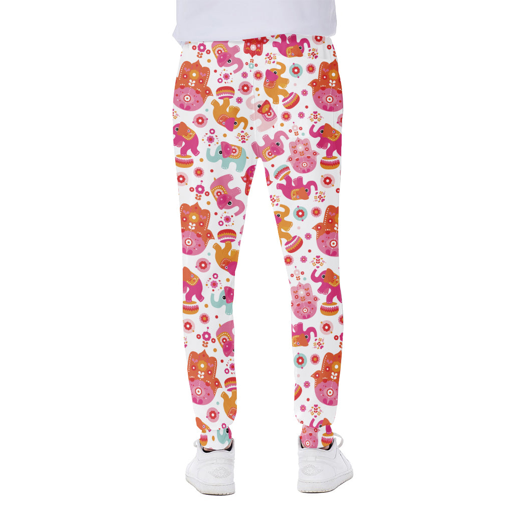 Girly Elephant And Hamsa Pattern Print Scuba Joggers