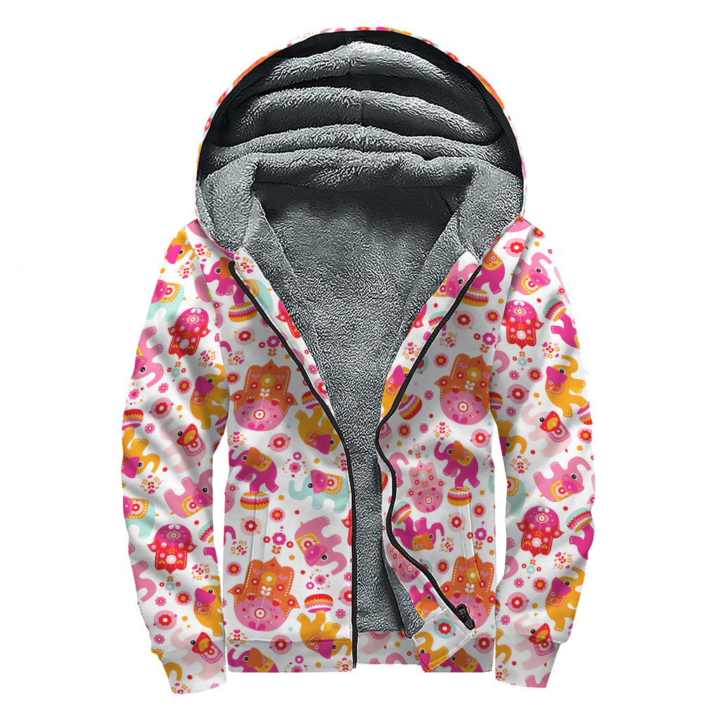 Girly Elephant And Hamsa Pattern Print Sherpa Lined Zip Up Hoodie