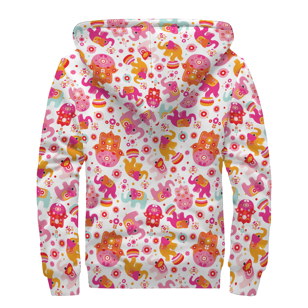 Girly Elephant And Hamsa Pattern Print Sherpa Lined Zip Up Hoodie