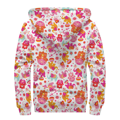 Girly Elephant And Hamsa Pattern Print Sherpa Lined Zip Up Hoodie
