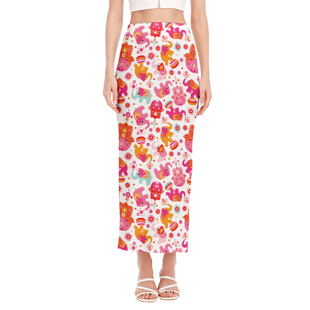 Girly Elephant And Hamsa Pattern Print Side Slit Maxi Skirt