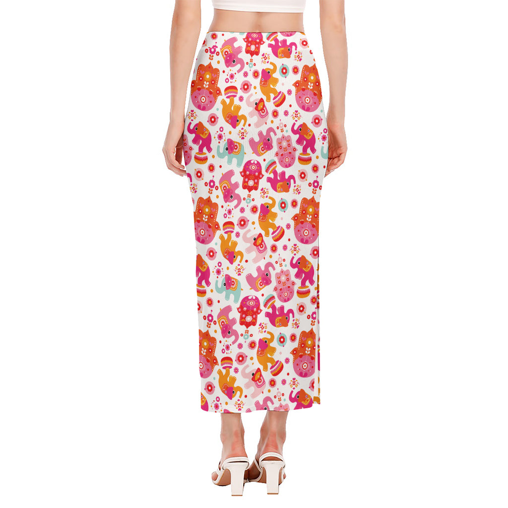 Girly Elephant And Hamsa Pattern Print Side Slit Maxi Skirt