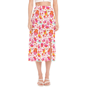 Girly Elephant And Hamsa Pattern Print Side Slit Midi Skirt