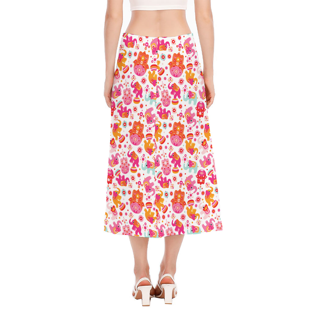 Girly Elephant And Hamsa Pattern Print Side Slit Midi Skirt