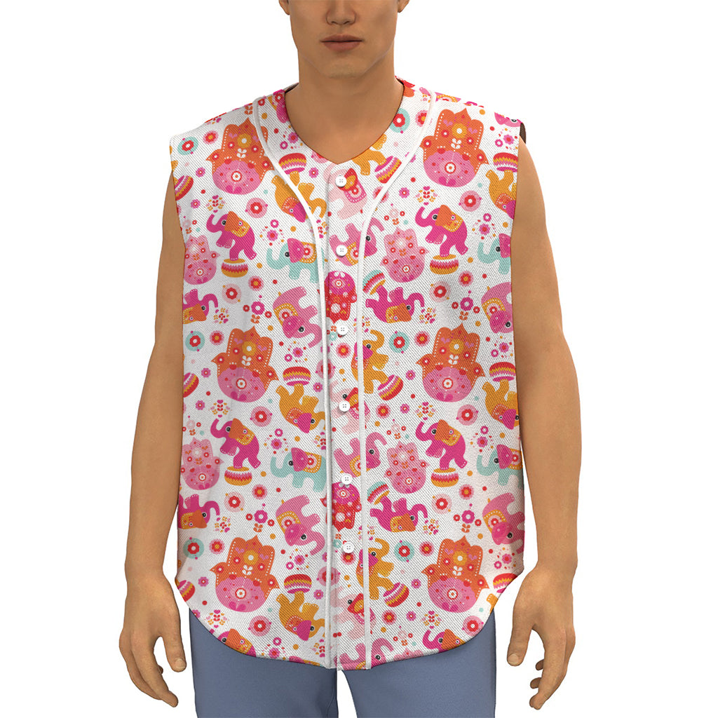 Girly Elephant And Hamsa Pattern Print Sleeveless Baseball Jersey