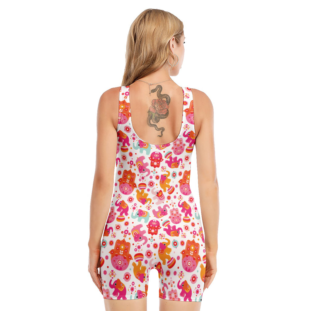 Girly Elephant And Hamsa Pattern Print Sleeveless One Piece Swimsuit