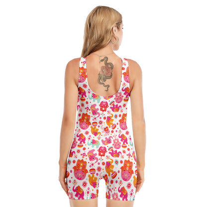 Girly Elephant And Hamsa Pattern Print Sleeveless One Piece Swimsuit