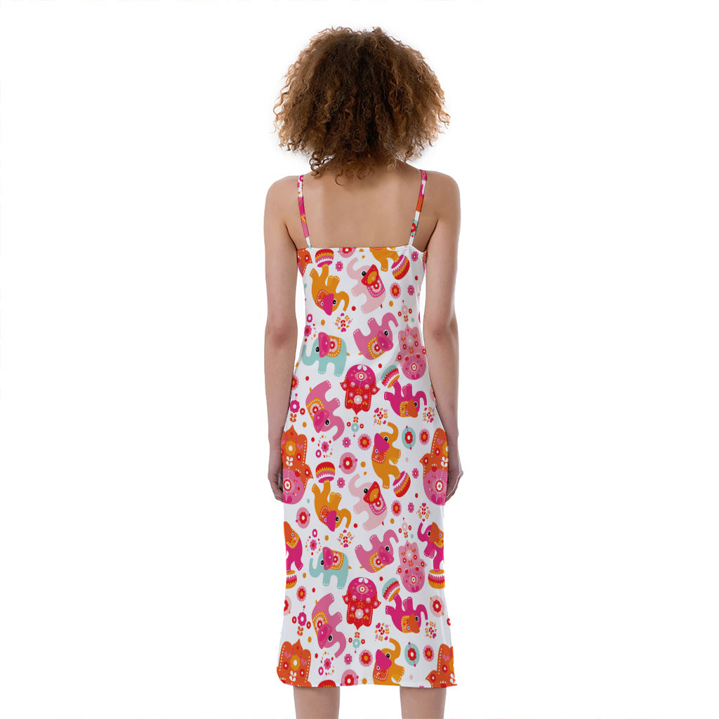 Girly Elephant And Hamsa Pattern Print Slim Fit Midi Cami Dress