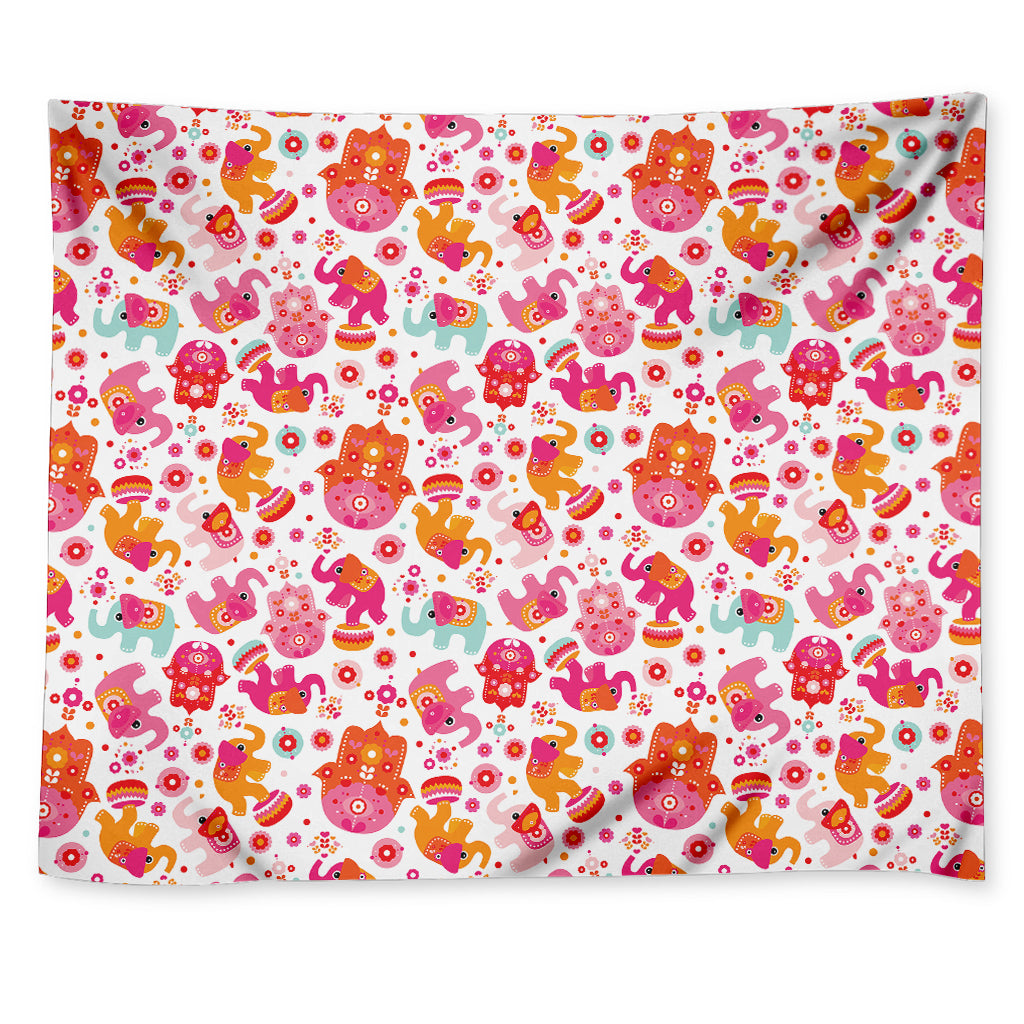 Girly Elephant And Hamsa Pattern Print Tapestry