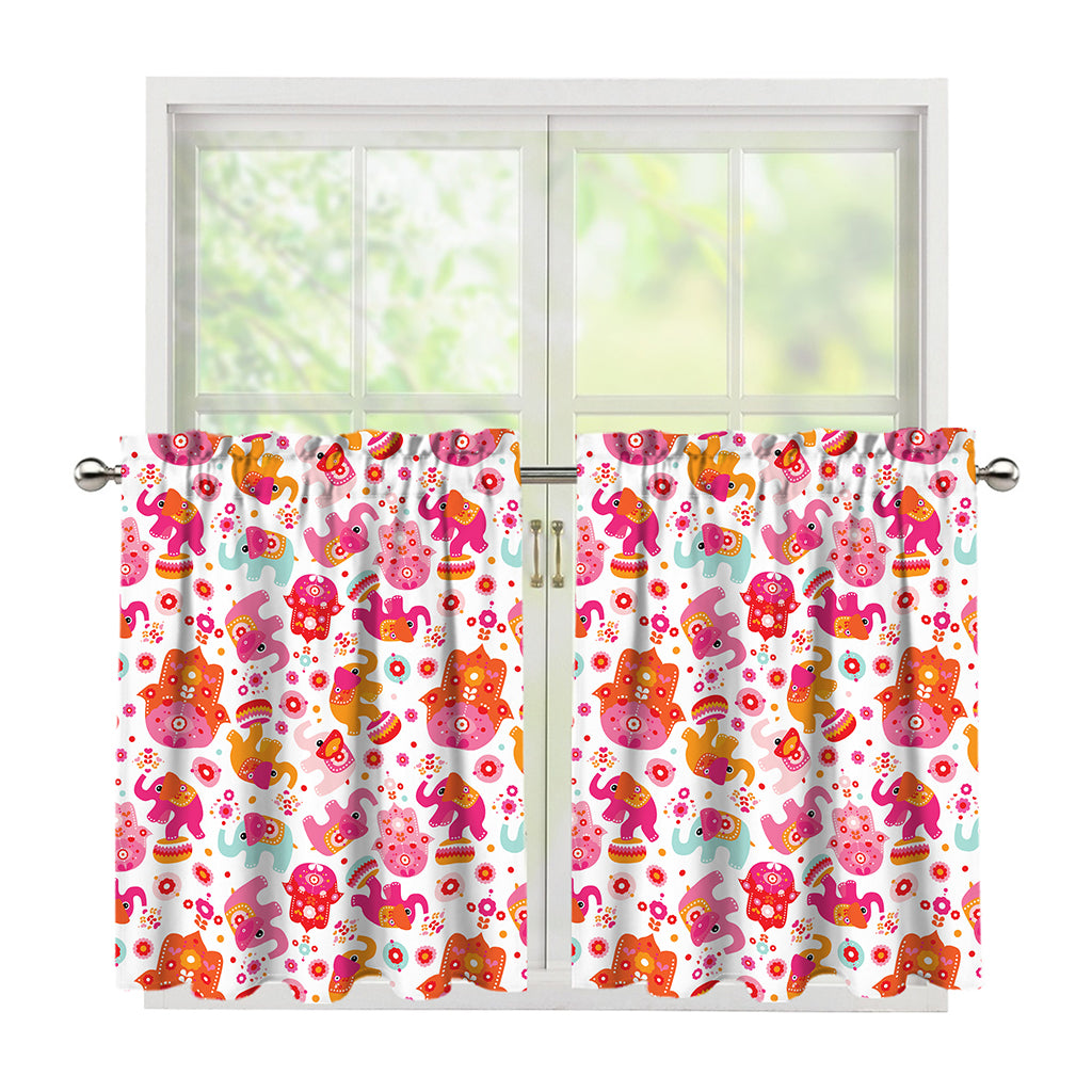Girly Elephant And Hamsa Pattern Print Tier Curtains