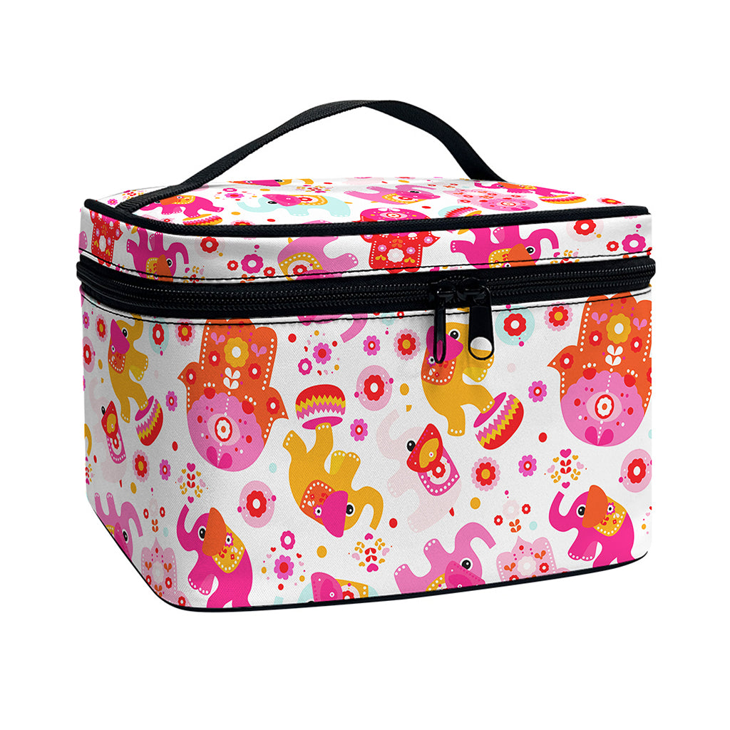Girly Elephant And Hamsa Pattern Print Travel Makeup Bag