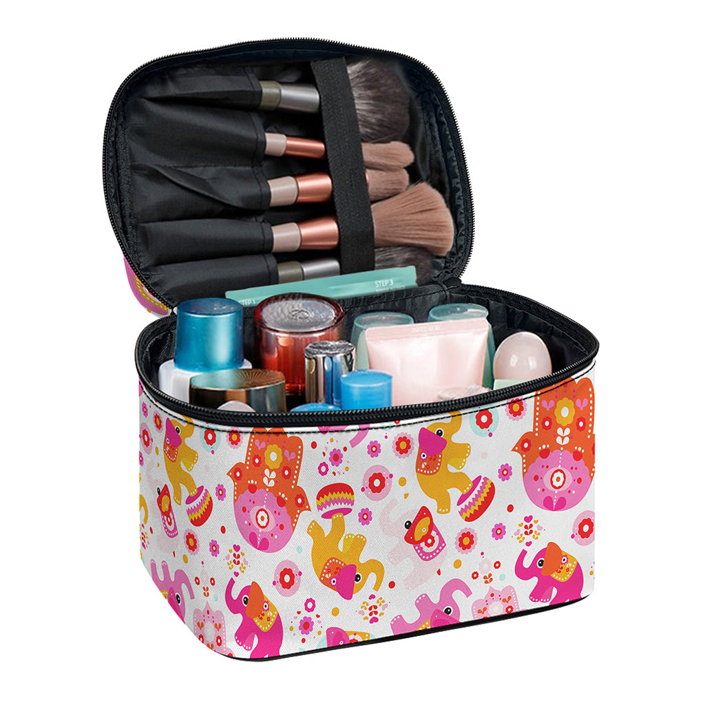Girly Elephant And Hamsa Pattern Print Travel Makeup Bag