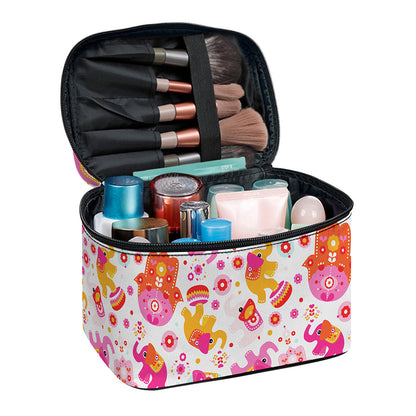 Girly Elephant And Hamsa Pattern Print Travel Makeup Bag