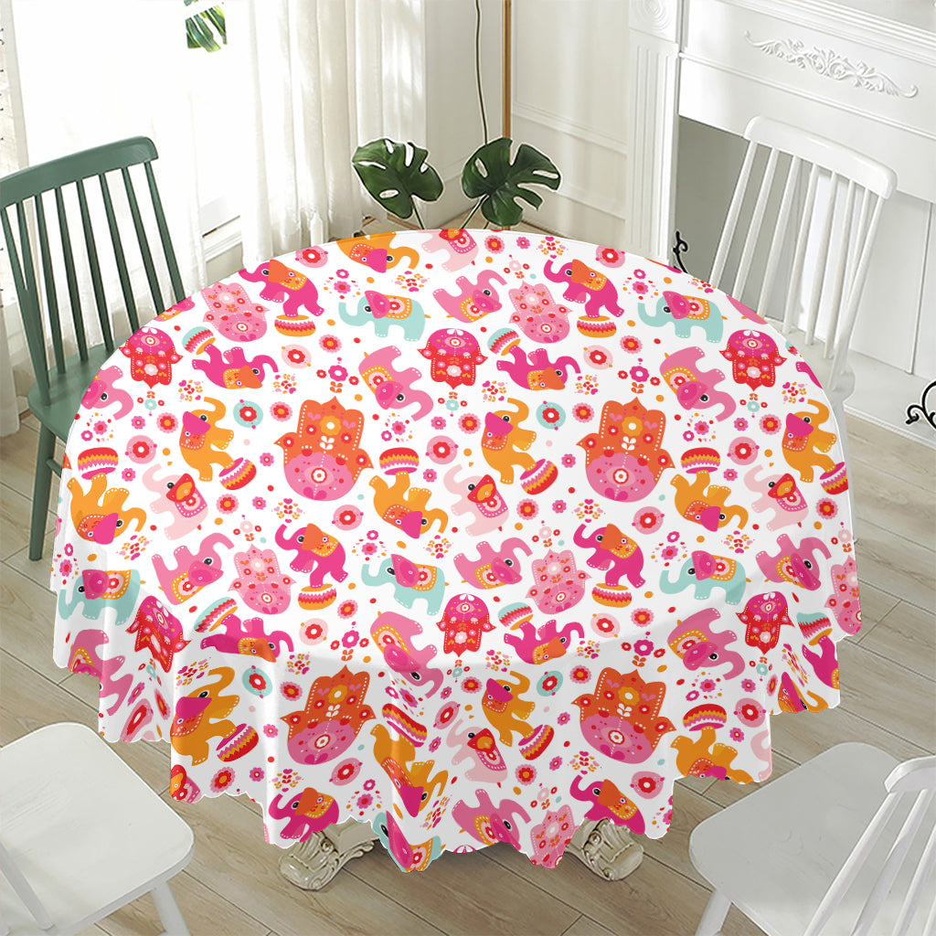 Girly Elephant And Hamsa Pattern Print Waterproof Round Tablecloth