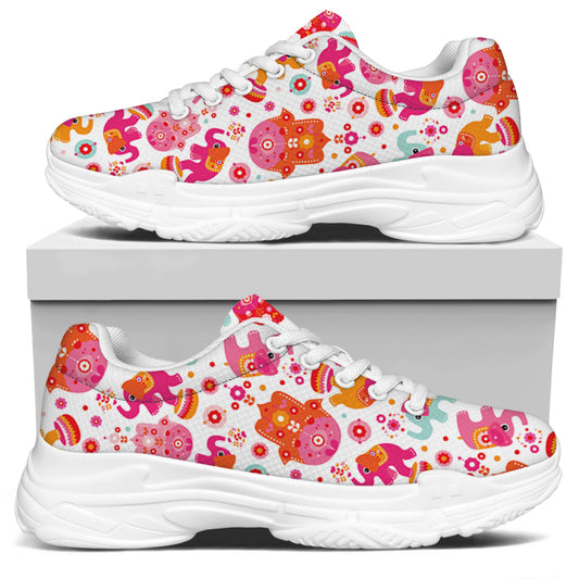 Girly Elephant And Hamsa Pattern Print White Chunky Shoes