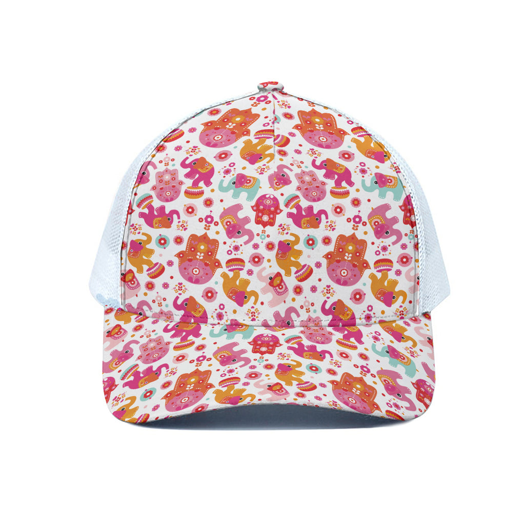 Girly Elephant And Hamsa Pattern Print White Mesh Trucker Cap