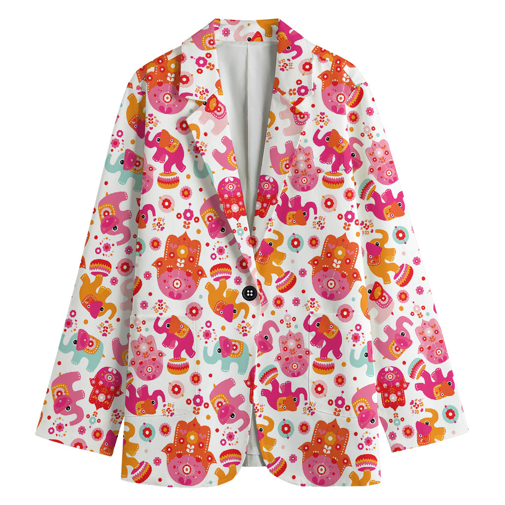 Girly Elephant And Hamsa Pattern Print Women's Blazer