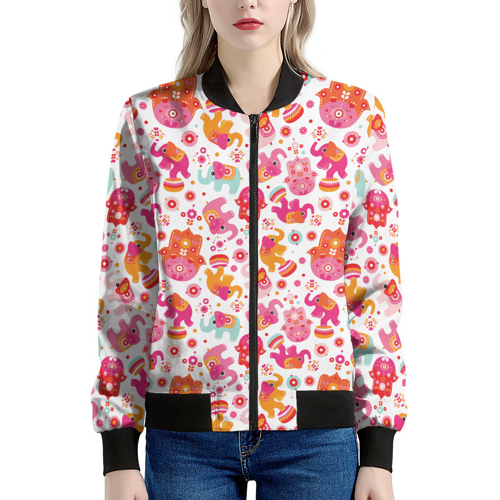 Girly Elephant And Hamsa Pattern Print Women's Bomber Jacket