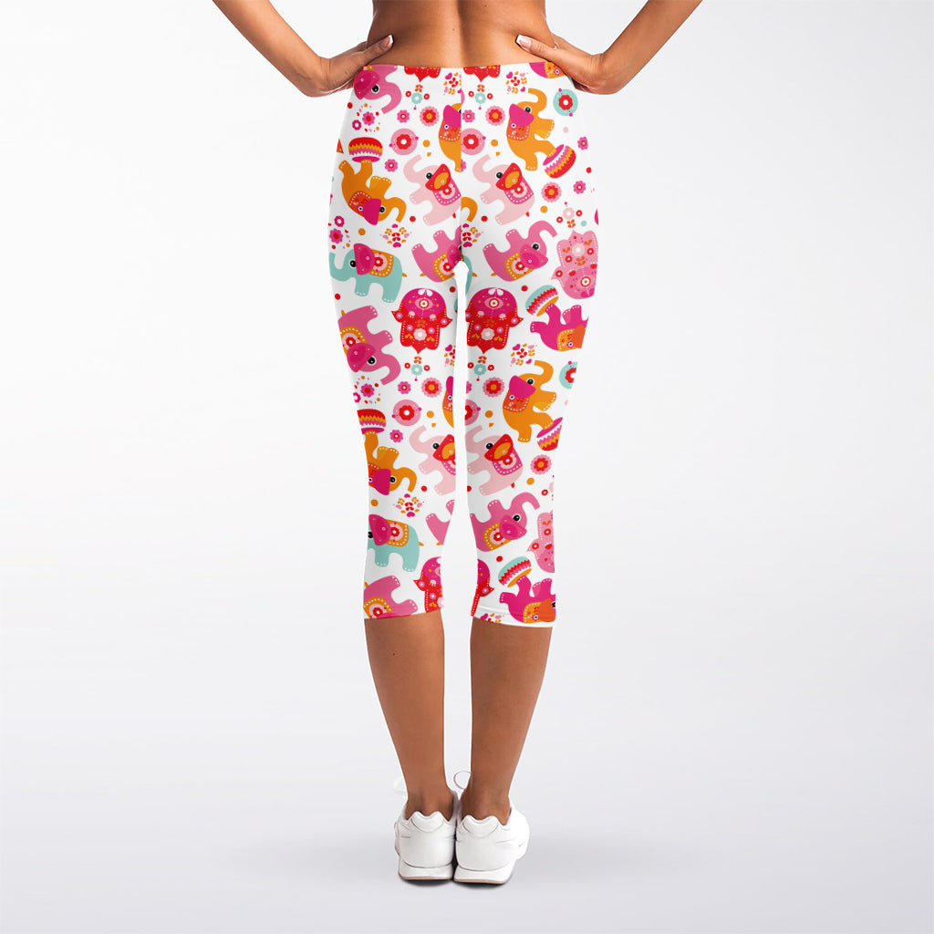 Girly Elephant And Hamsa Pattern Print Women's Capri Leggings