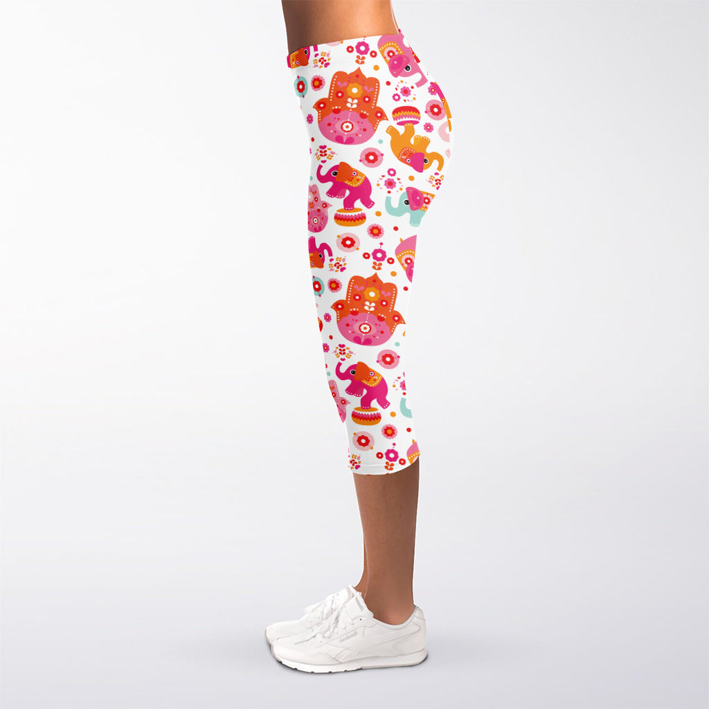 Girly Elephant And Hamsa Pattern Print Women's Capri Leggings