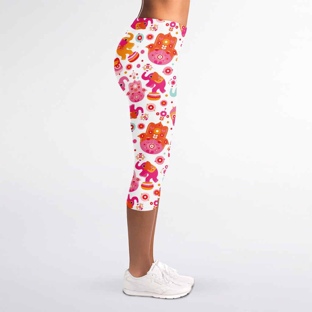 Girly Elephant And Hamsa Pattern Print Women's Capri Leggings