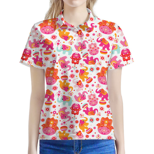 Girly Elephant And Hamsa Pattern Print Women's Polo Shirt
