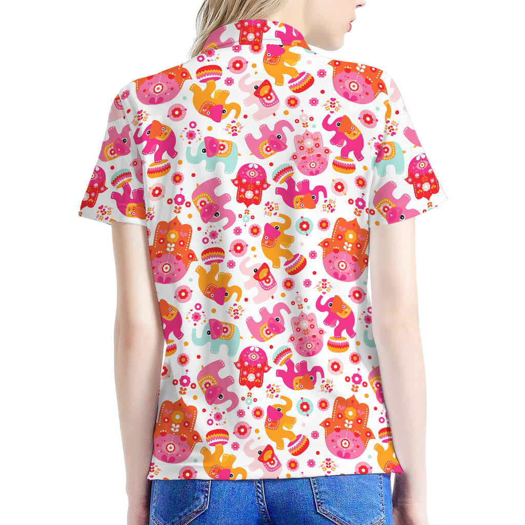 Girly Elephant And Hamsa Pattern Print Women's Polo Shirt