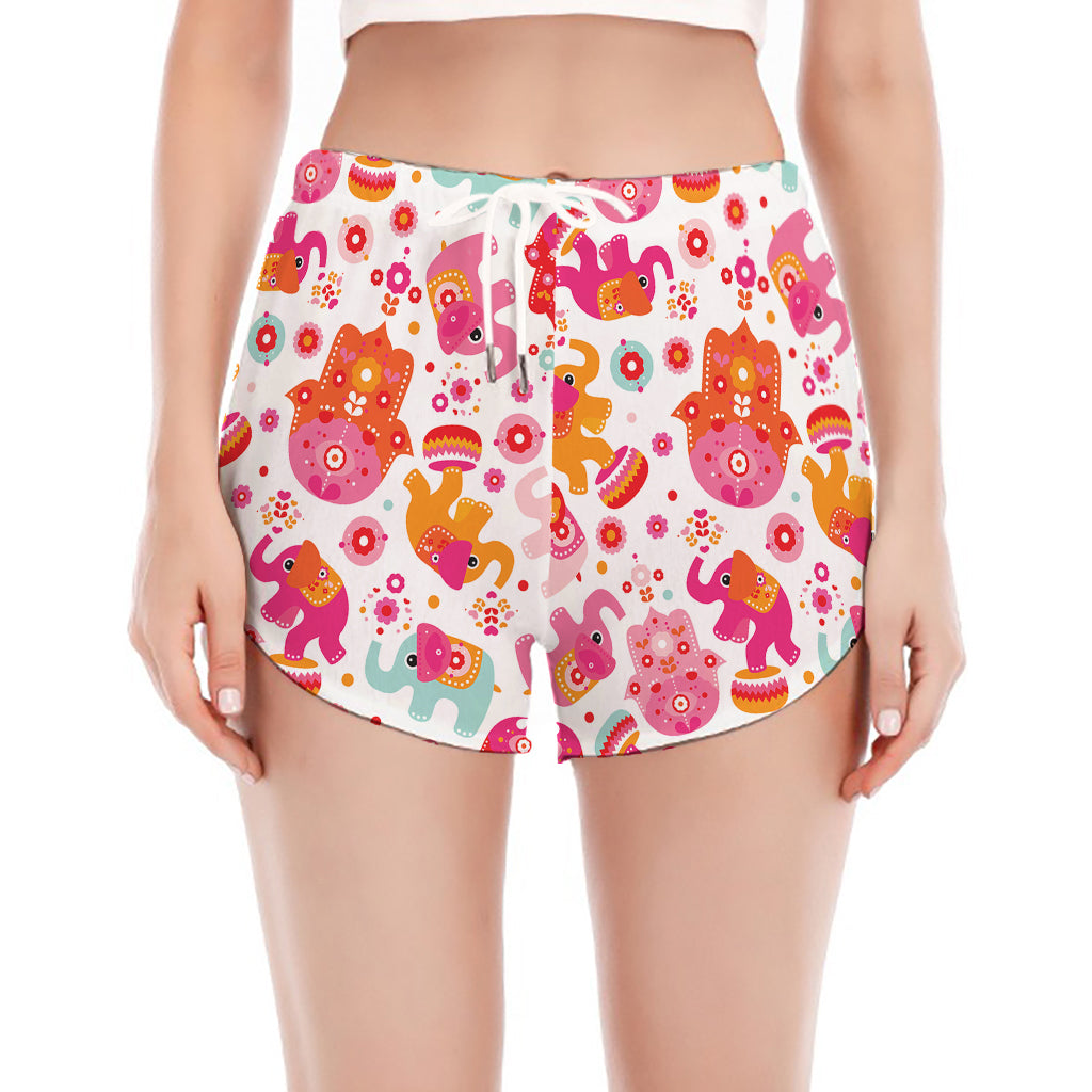 Girly Elephant And Hamsa Pattern Print Women's Split Running Shorts
